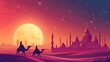 mosque, camels and moon in starry night background - AI Generated Abstract Art