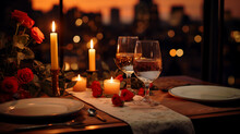 Romantic Love Dinner With Two Champagne Glasses 