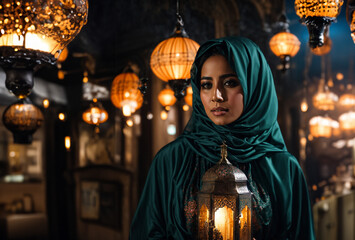 Wall Mural - Young Muslim woman with lantern on bokeh festival light background, Islamic New Year celebration.