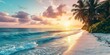 Panoramic view of beautiful tropical beach with palm trees and pink sand