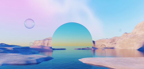 Wall Mural - 3d Render, Abstract Surreal pastel landscape background with architecture and geometric, beautiful gradient sky scene, lake with clam water, minimal concept.