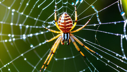 a macro photography of a spider in its web with a drop of water

