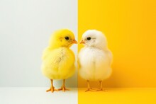 Two Fluffy Yellow Easter Chicks, Looking Like Twins, Are Perched Side By Side Against A Sharp Yellow And White Background.