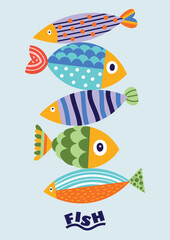 Wall Mural - Cute fish poster. Sea illustration.