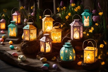 Wall Mural - Charming Easter-themed lanterns casting a warm glow, illuminating the night and creating a magical ambiance for evening celebrations.