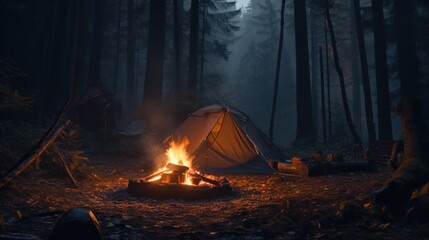 a tent in the forest with fire and firewood