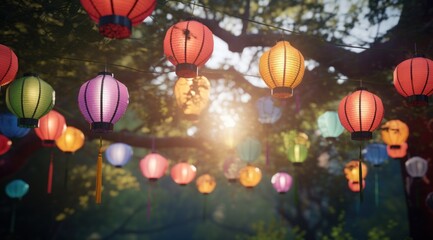 Poster - colorful paper lanterns hanged in trees