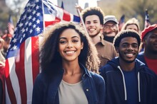 Young Diverse People With American Flag Talking Political Rally