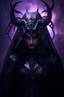 © Muhammad Hammad Zia - demon queen with purple burning eyes, horns, dark wings and in black dress with hood