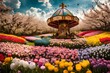 An Easter egg carousel spinning amidst vibrant flower fields, creating a magical spectacle of color and celebration.