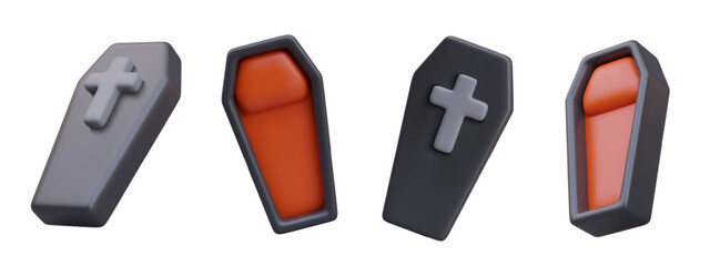 Coffin lid with cross, open empty coffin with red cloth. Set of realistic objects in different positions. Vector templates for creative Halloween, theme of death, vampires, risen from dead