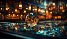As The City Sleeps Under The Night Sky, A Lone Building's Reflection In The Magnifying Glass Creates A Mesmerizing Sphere Of Light, Mirroring The Bustling Metropolis And Its Endless Possibilities