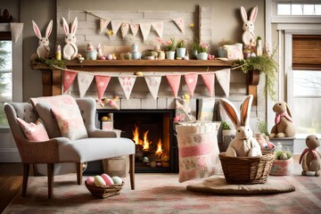 Wall Mural - A cozy fireplace adorned with Easter bunny bunting, creating a warm and inviting focal point for festive gatherings.
