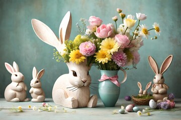 Wall Mural - A charming vase holding a bunny-shaped flower arrangement, combining the beauty of spring blooms with whimsical Easter elements.