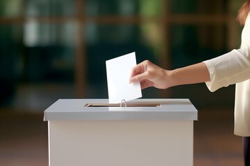 Young muslim woman in voting booth at polling place 