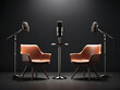 © Mahmud - Two chairs and microphones in podcast or interview room isolated on dark background designs as a wide banner for media conversations or podcast streamers concepts with copy space design.