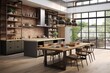 Contemporary kitchen with open shelving, industrial accents, and a communal dining area