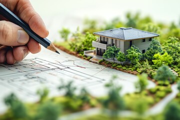 Canvas Print - a hand draws a house plan diagram of a house on a ground with a large yard,