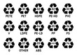 All plastic recycling code icon set. Mobius strip plastic recycling code icons isolated. Plastic recycling codes- 01 PET, 02 HDPE, 03 PVC, 04 LDPE, 05 PP, 06 PS, 07 OTHER, 09 ABS, PA.