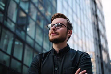 businessman in front of office building. Corporate employee, manager, CEO position, looking serious. Corporation and it company. Tech industry.