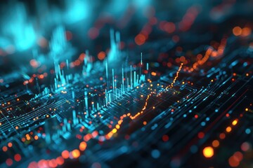 Electronic computer circuit board. Audio mixing console. Data visualization background. Abstract lights. 