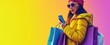 A trendy shopper in sunglasses uses a smartphone while holding colorful shopping bags, against a vibrant purple backdrop, embodying modern consumerism and connectivity. Ai generated
