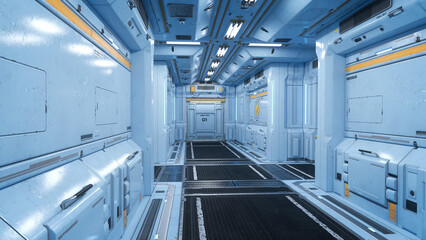 Wall Mural - corridor inside a futuristic science fiction industrial building with light blue metallic walls. 3d 