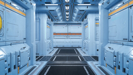 Wall Mural - walkway inside a fantasy futuristic space station. 3d illustration.