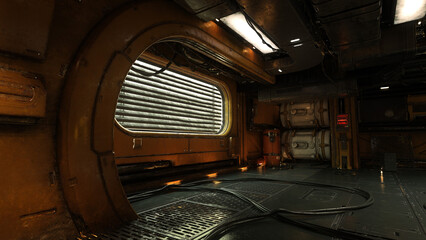 Wall Mural - dark grungy underground sci-fi industrial environment in a fantasy dystopian future. 3d illustration