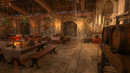 Poster - Medieval banquet hall lit by candles and torches at night. 3D illustration.