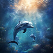 Delfine beim schwimmen unter Wasser im Riff mit anderen Fischen