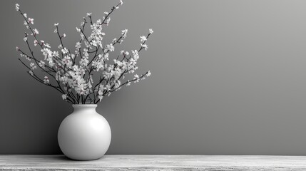 Poster -  a white vase filled with white flowers on top of a wooden table with a gray wall in the back ground.