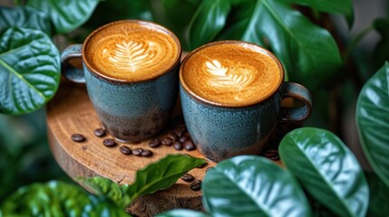 Sticker -  two cups of coffee sitting on top of a wooden table next to green leaves and a pot of coffee beans.