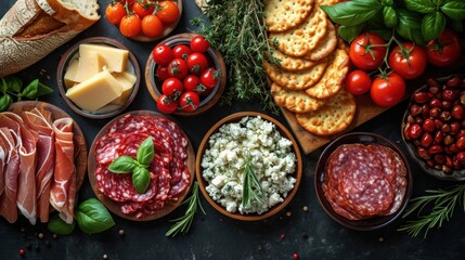 Poster -  a variety of meats, cheeses, tomatoes, breads, and breadsticks on a table.