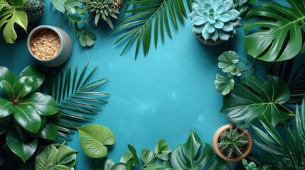 Poster -  a table topped with lots of green plants next to a potted plant on top of a blue counter top.