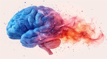 Poster -  a blue and red brain in the shape of a human head with a lot of smoke coming out of it.