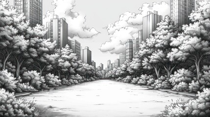 Wall Mural -  a black and white drawing of a river in the middle of a park with trees and buildings in the background.