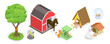 3D Isometric Flat  Set of Wild And Domestic Animals With Homes, Poultry Farming
