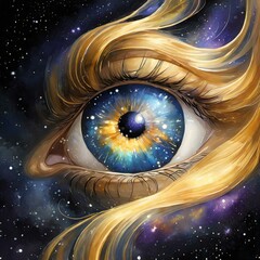 Wall Mural - golden fantasy eye, galaxy in iris, universe in background