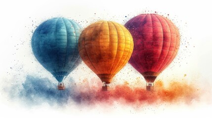 Wall Mural -  three hot air balloons floating in the sky with colored smoke coming out of the bottom of the hot air balloons.