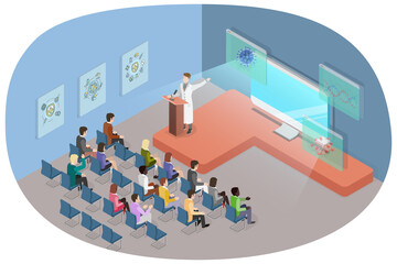 Wall Mural - 3D Isometric Flat  Conceptual Illustration of University Lecture, Scientific Presentation