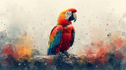 Sticker -  a colorful parrot sits on a branch in front of a background of orange, yellow, and blue drops of water.