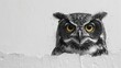  a black and white owl with yellow eyes peeks out from behind a hole in a white wall with peeling paint.