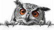  a black and white drawing of an owl with orange eyes and claws sticking out of it's back legs.