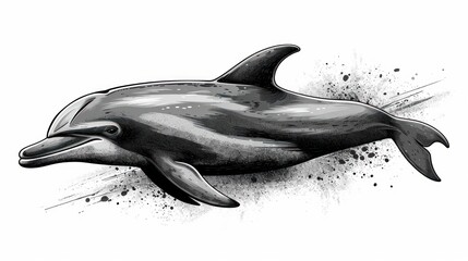 Wall Mural -  a black and white drawing of a dolphin with a splash of paint on it's back and a white background.