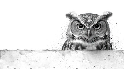 Poster -  a black and white photo of an owl peeking out from behind a piece of paper with water droplets on it.