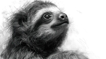 Wall Mural -  a close up of a sloth's face with long hair on it's back and a white background.