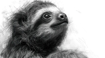 Poster -  a close up of a sloth's face with long hair on it's back and a white background.