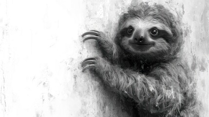 Wall Mural -  a black and white photo of a baby sloth hanging on a wall with its paws on the side of the wall.