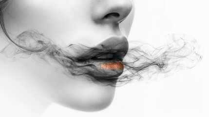 Wall Mural -  a close up of a woman's face with smoke coming out of her mouth and a cigarette coming out of her mouth.